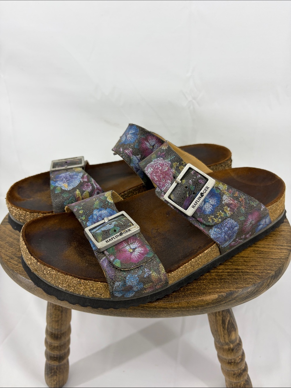 Haflinger Andrea Floral Leather Cork Slide Sandals 2 Strap Buckle, Womens 39 / 8